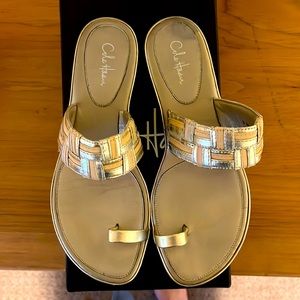 Cute gold with beige Cole Haan soft gold kiers thong sandal